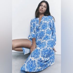 Zara Woman Printed Midi Dress Blue / White - NWT - Size Large
